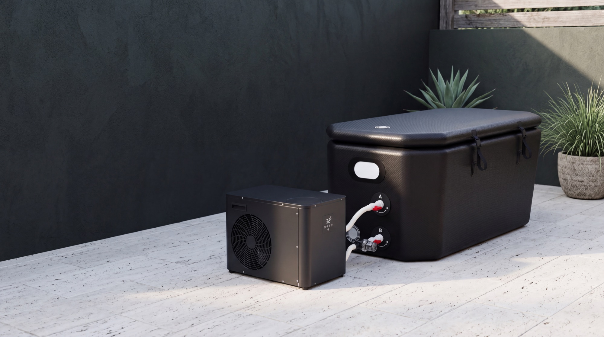Black Caldrya cold plunge tub and Pro chiller in a mineral courtyard