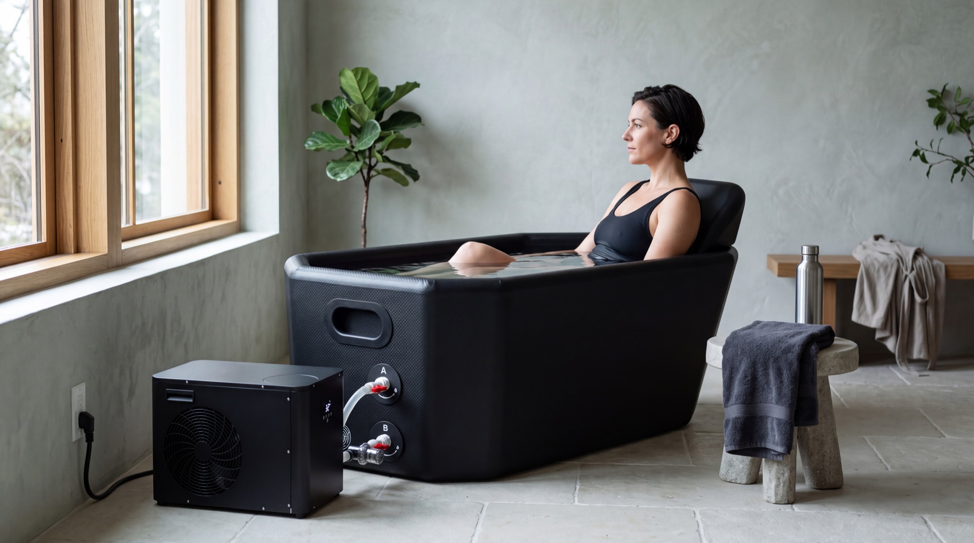 Person seated in the Caldrya plunge in a quiet home recovery room