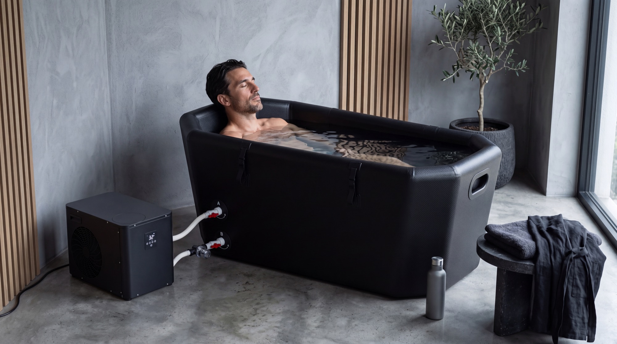 Caldrya cold plunge and Pro chiller in a home recovery space